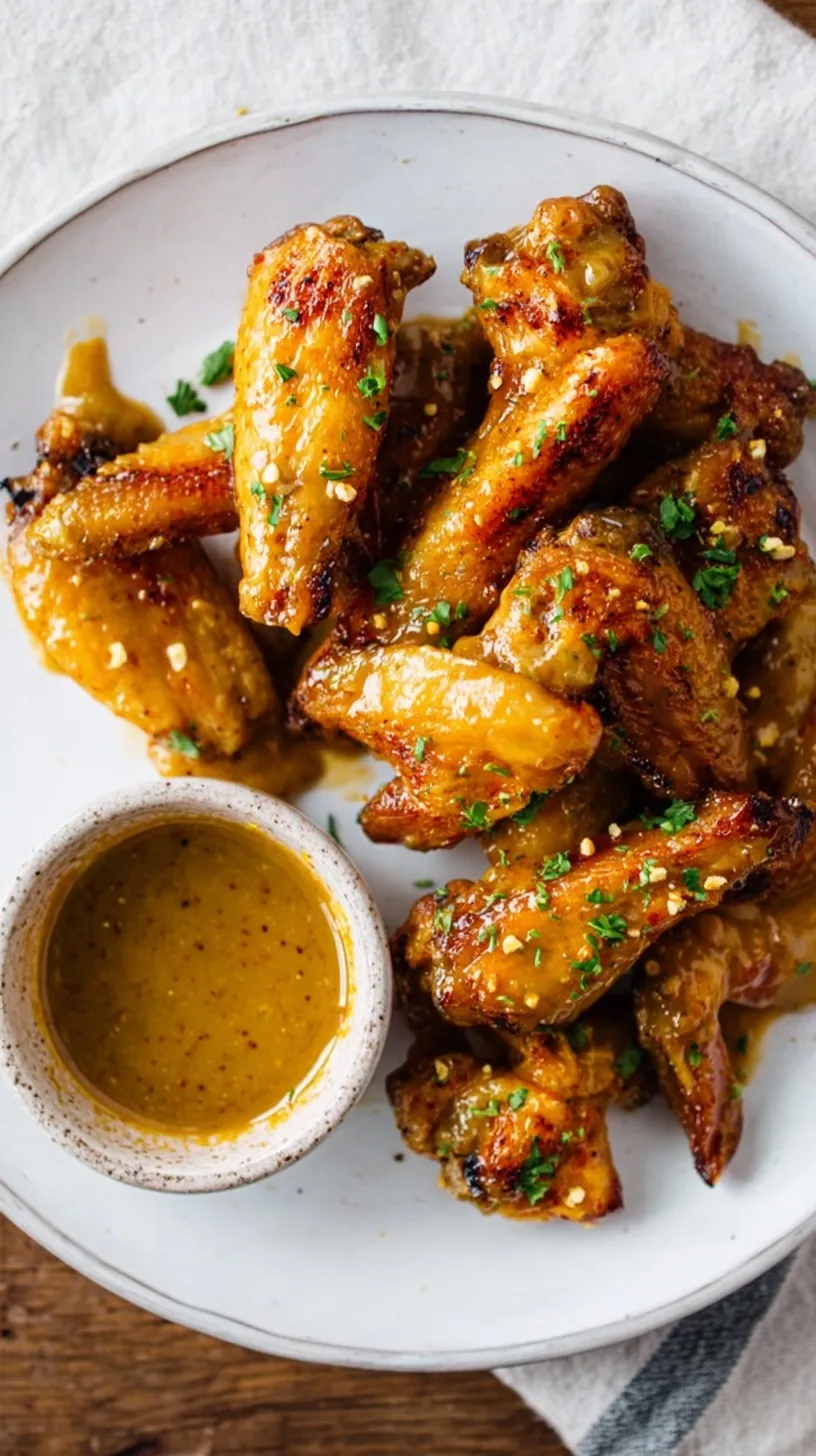 A platter of golden brown honey mustard chicken wings garnished with fresh herbs.