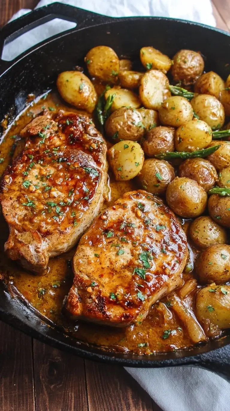 A cast iron skillet filled with seared honey mustard pork chops and golden sliced potatoes