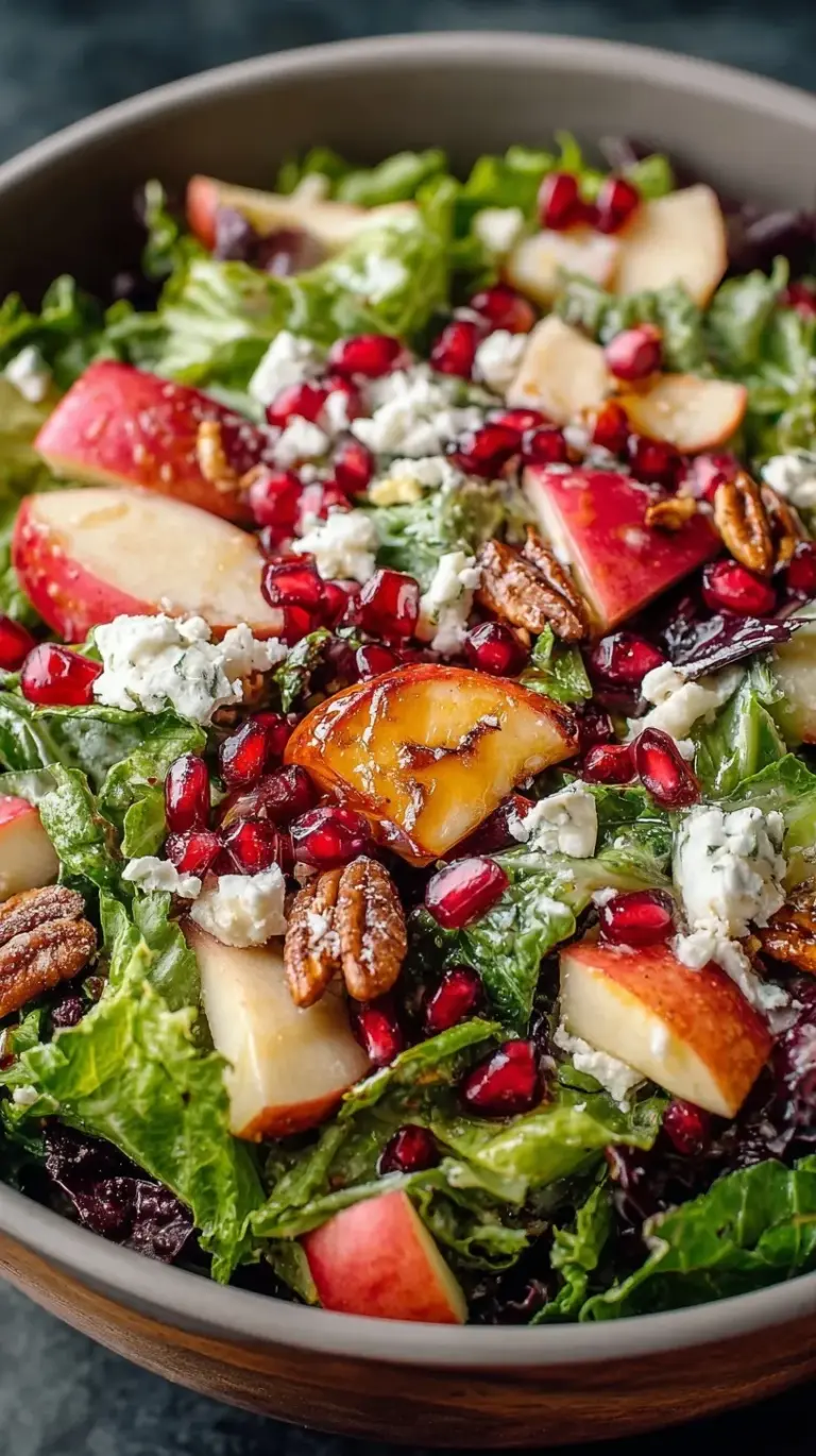 A fresh holiday salad with sliced Honeycrisp apples, toasted pecans, and goat cheese in a large bowl.