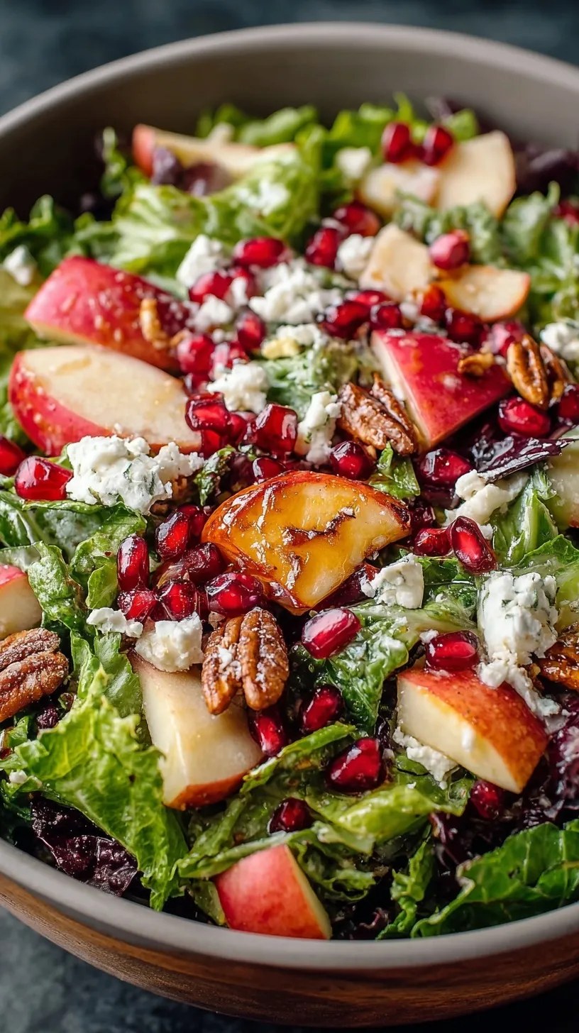 A fresh holiday salad with sliced Honeycrisp apples, toasted pecans, and goat cheese in a large bowl.
