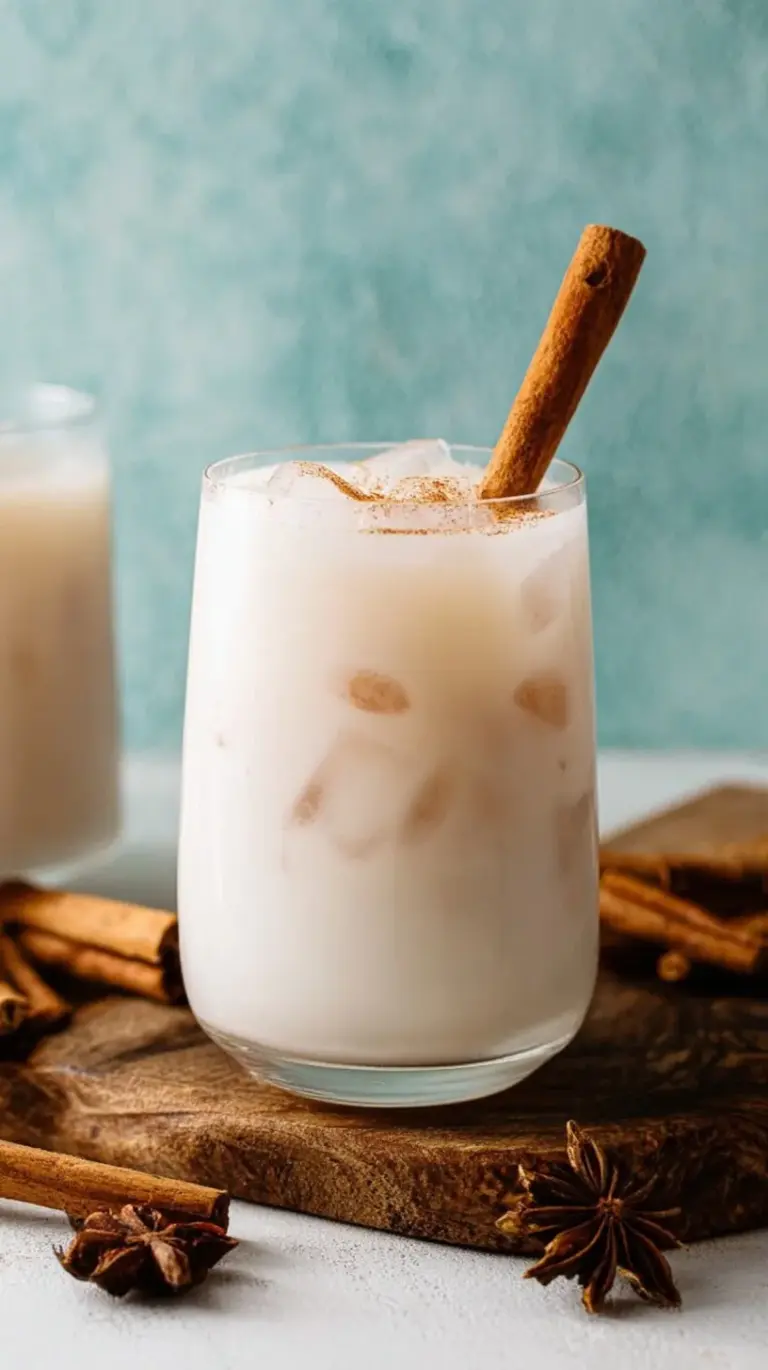 A chilled glass of creamy Mexican Horchata served over ice with a cinnamon stick garnish