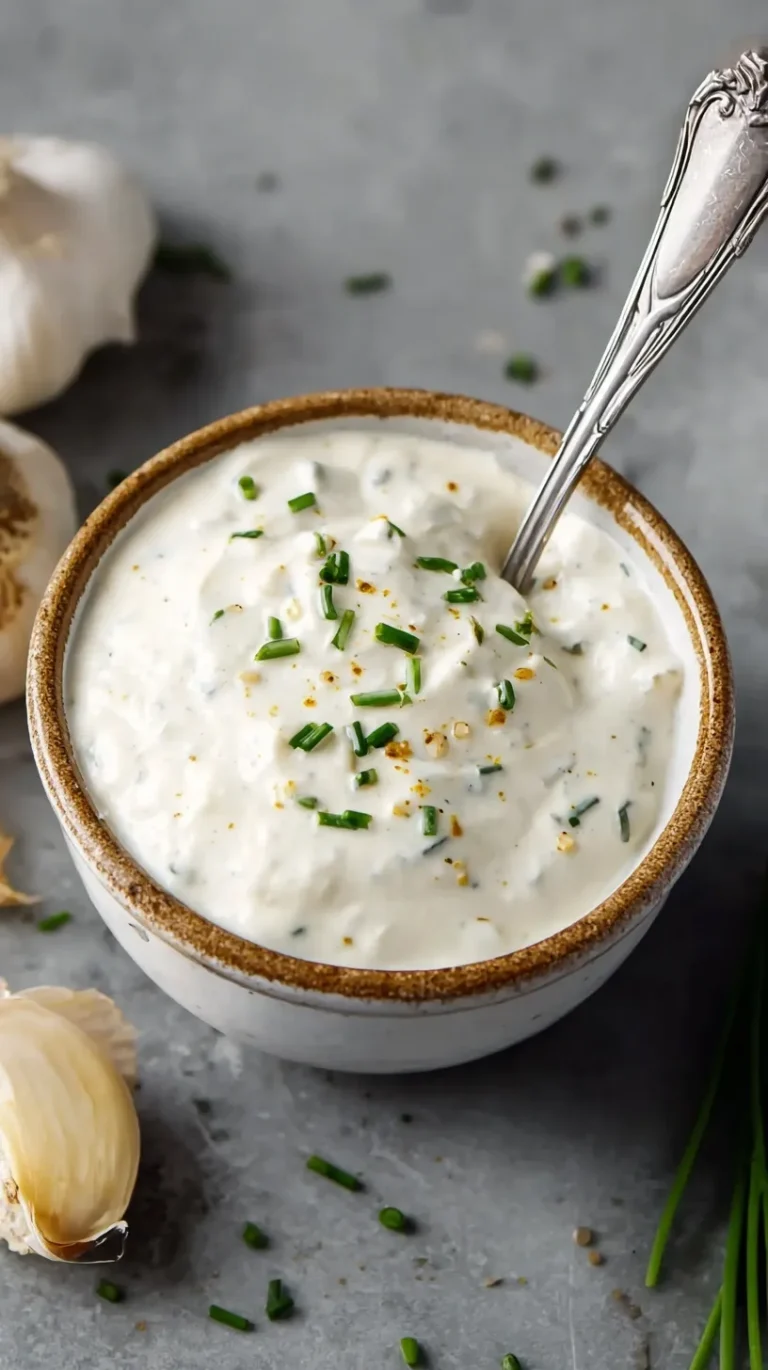 Bowl of creamy homemade horseradish sauce with fresh herbs on a white table