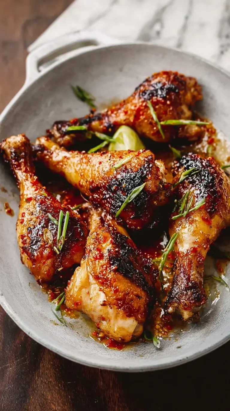 Close-up of golden-brown Hot Honey Chicken Drumsticks garnished with fresh parsley on a white platter.