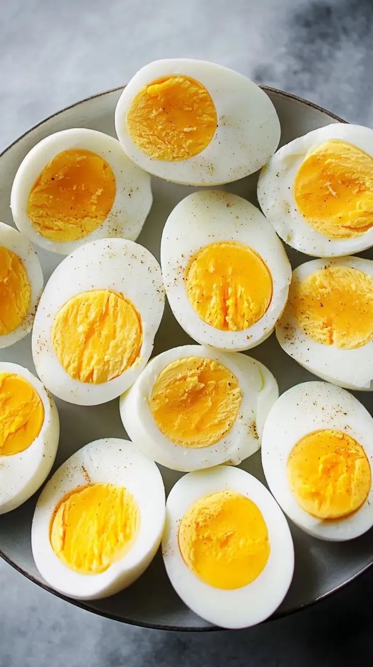 A close-up of perfectly boiled eggs, some sliced in half revealing golden yolks, next to a bowl of ice water, demonstrating how to boil eggs perfectly.