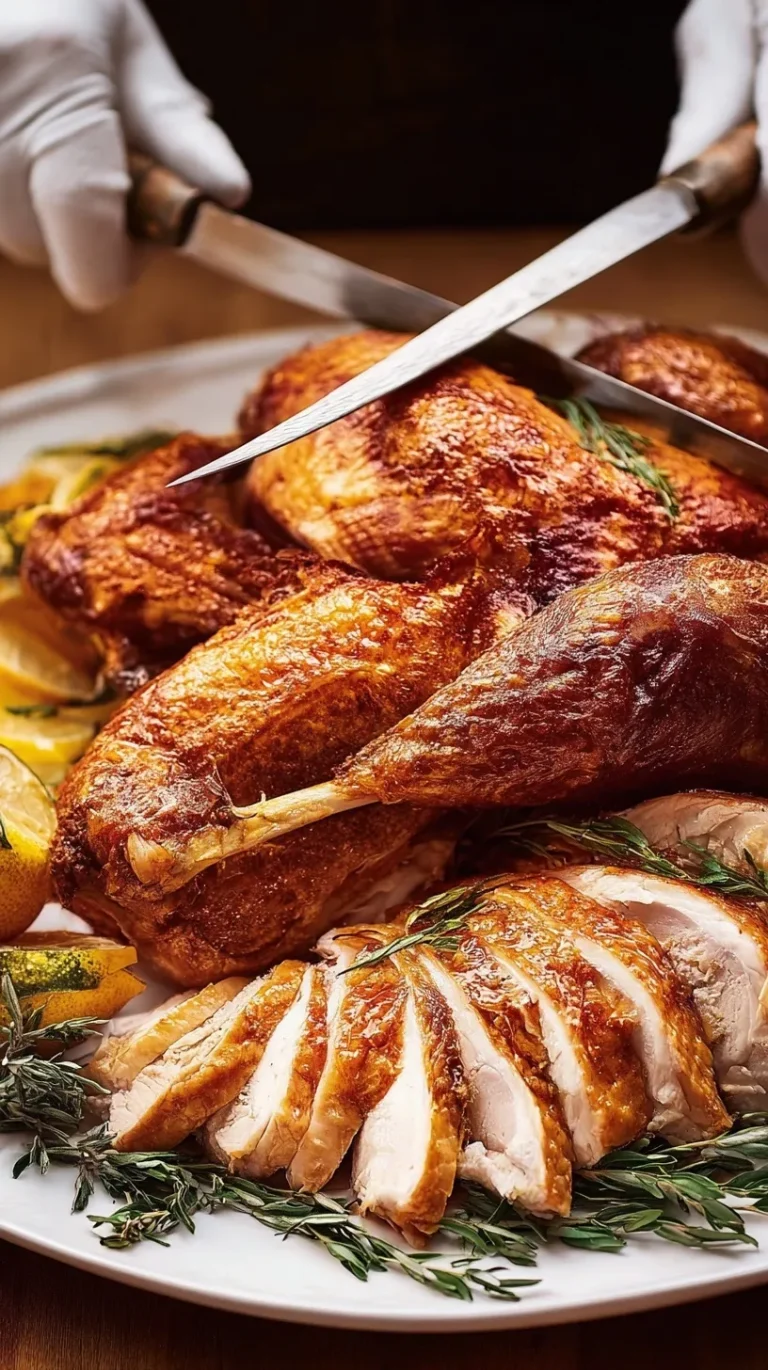 How to carve a turkey step-by-step showing perfectly sliced breast meat and drumsticks on a wooden cutting board