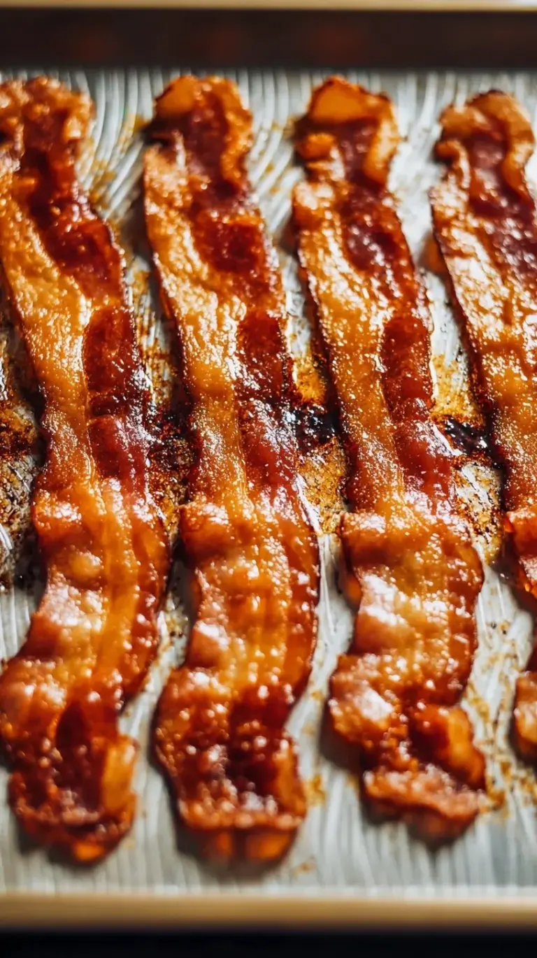 Crispy oven-cooked bacon strips cooling on a wire rack over a baking sheet, ready to be enjoyed.