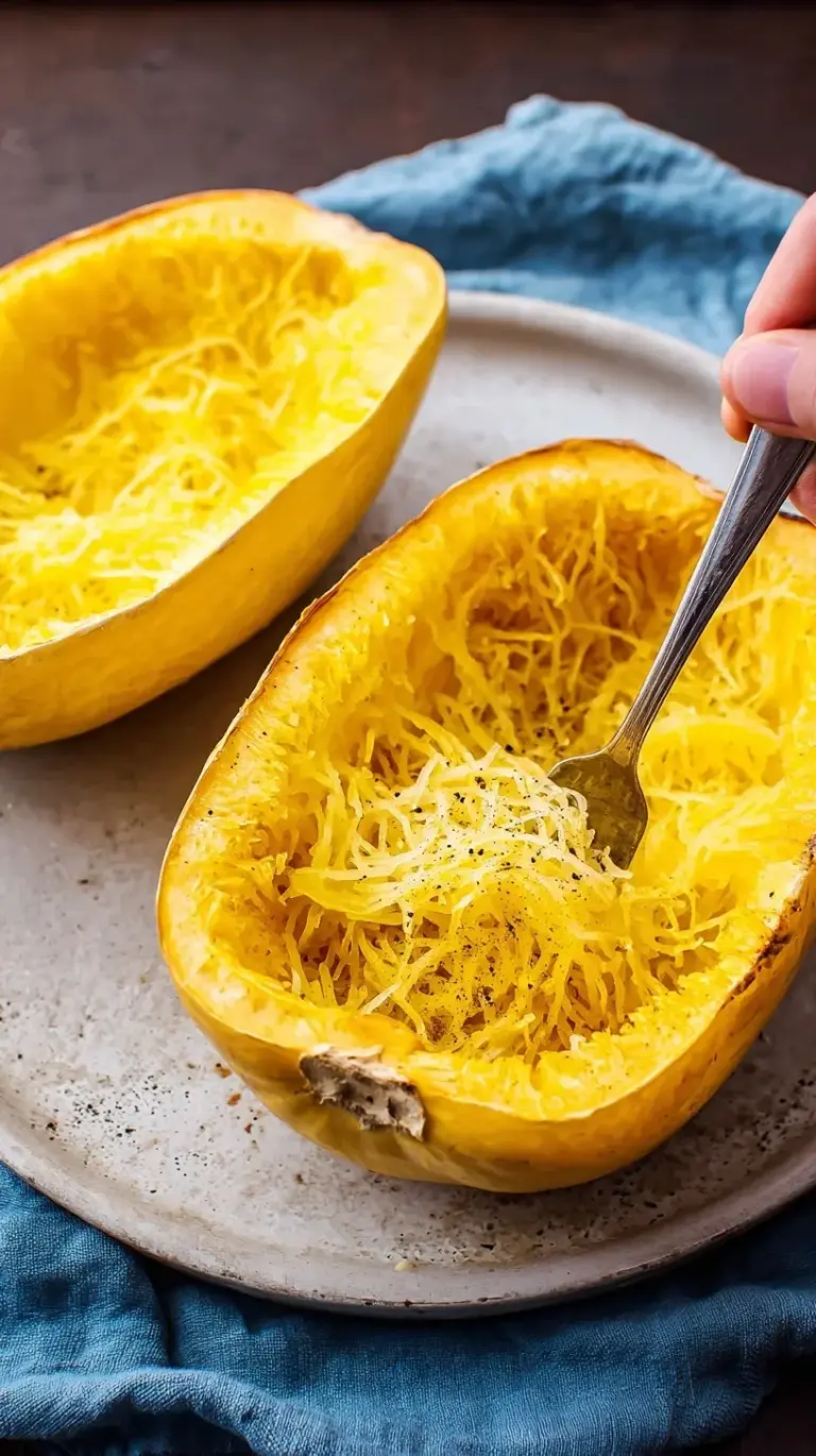 Tender strands of roasted spaghetti squash in the shell with olive oil and black pepper