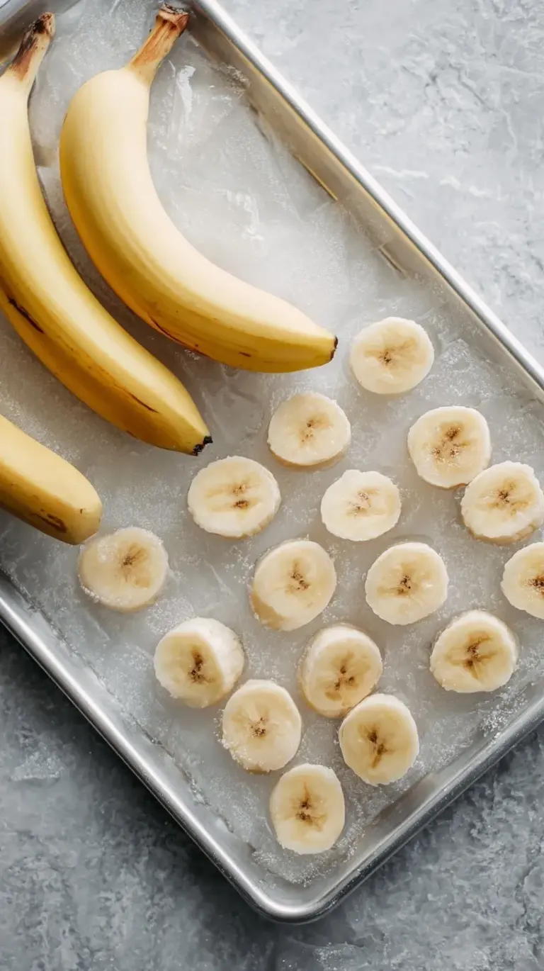 Sliced bananas arranged on a parchment-lined baking sheet for freezing.