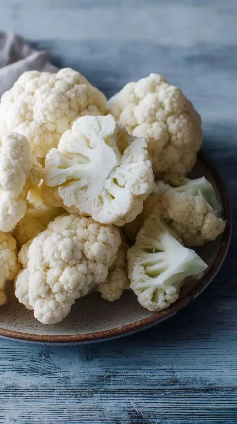 Fresh white cauliflower florets being prepared for freezing on a wooden cutting board.