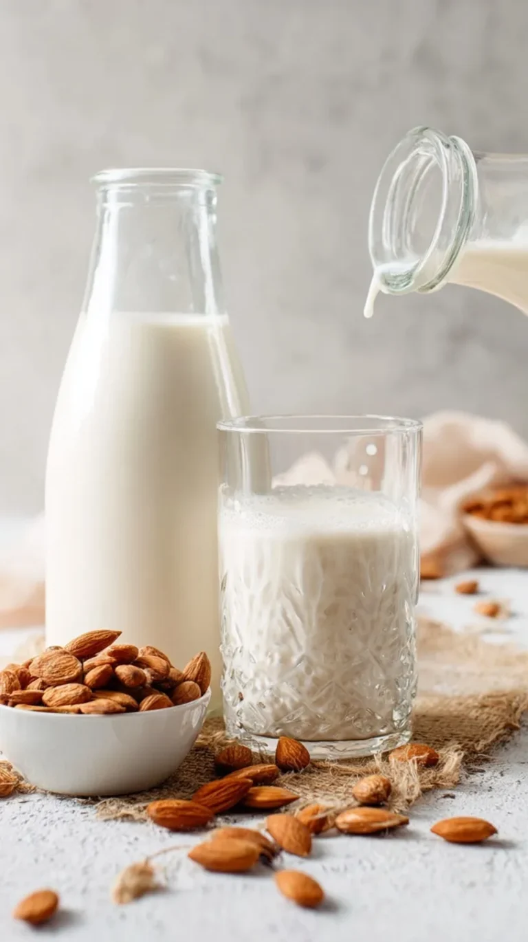Fresh homemade almond milk in glass bottle with raw almonds showing how to make almond milk at home
