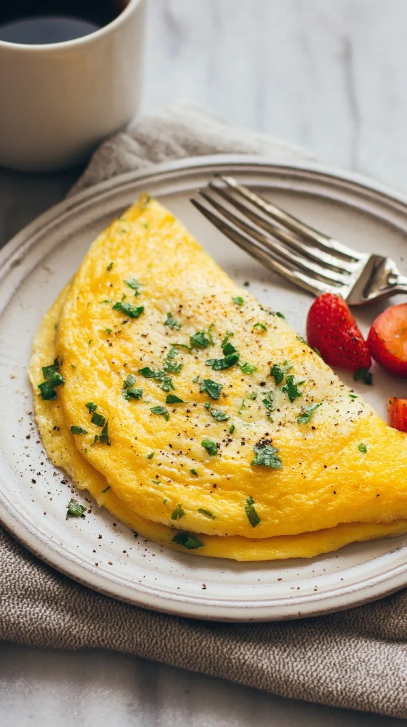 A smooth, pale yellow classic French omelette garnished with fresh chives on a white plate.