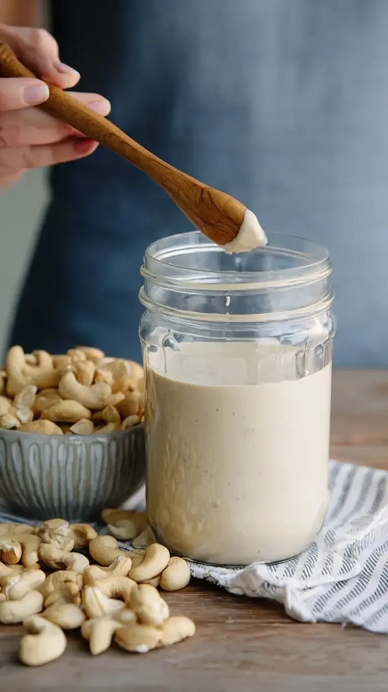Silky smooth basic cashew cream being poured from a blender into a glass jar