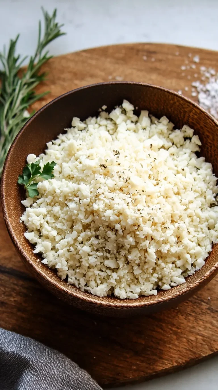 How to make cauliflower rice shown in a white bowl with fluffy texture and fresh herbs