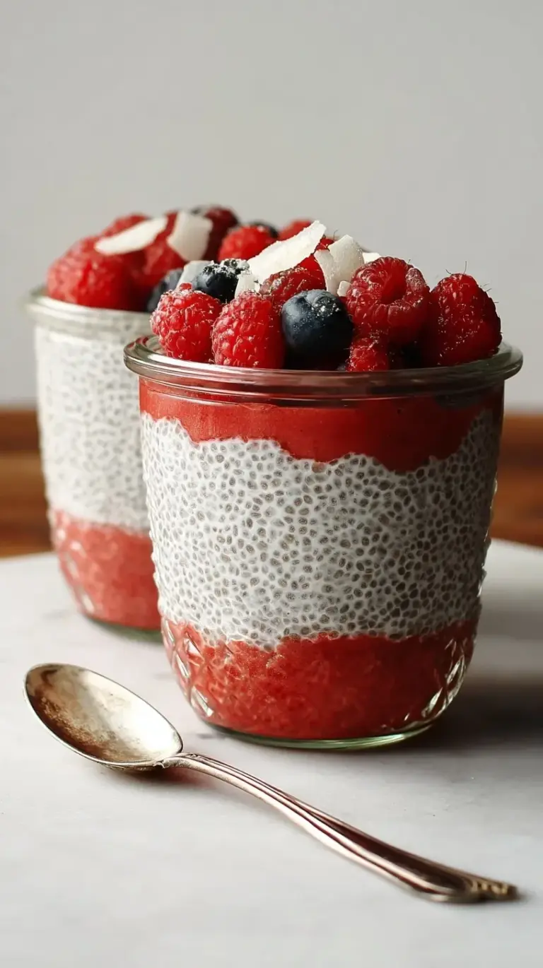 A close-up of a glass jar filled with creamy chia pudding, topped with fresh berries and a drizzle of maple syrup, showcasing how to make chia pudding.