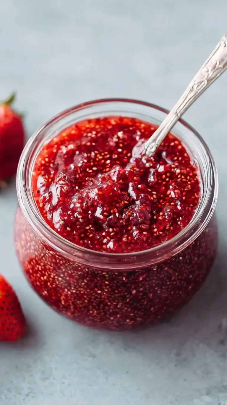 A glass jar filled with vibrant red healthy chia seed jam on a wooden table.