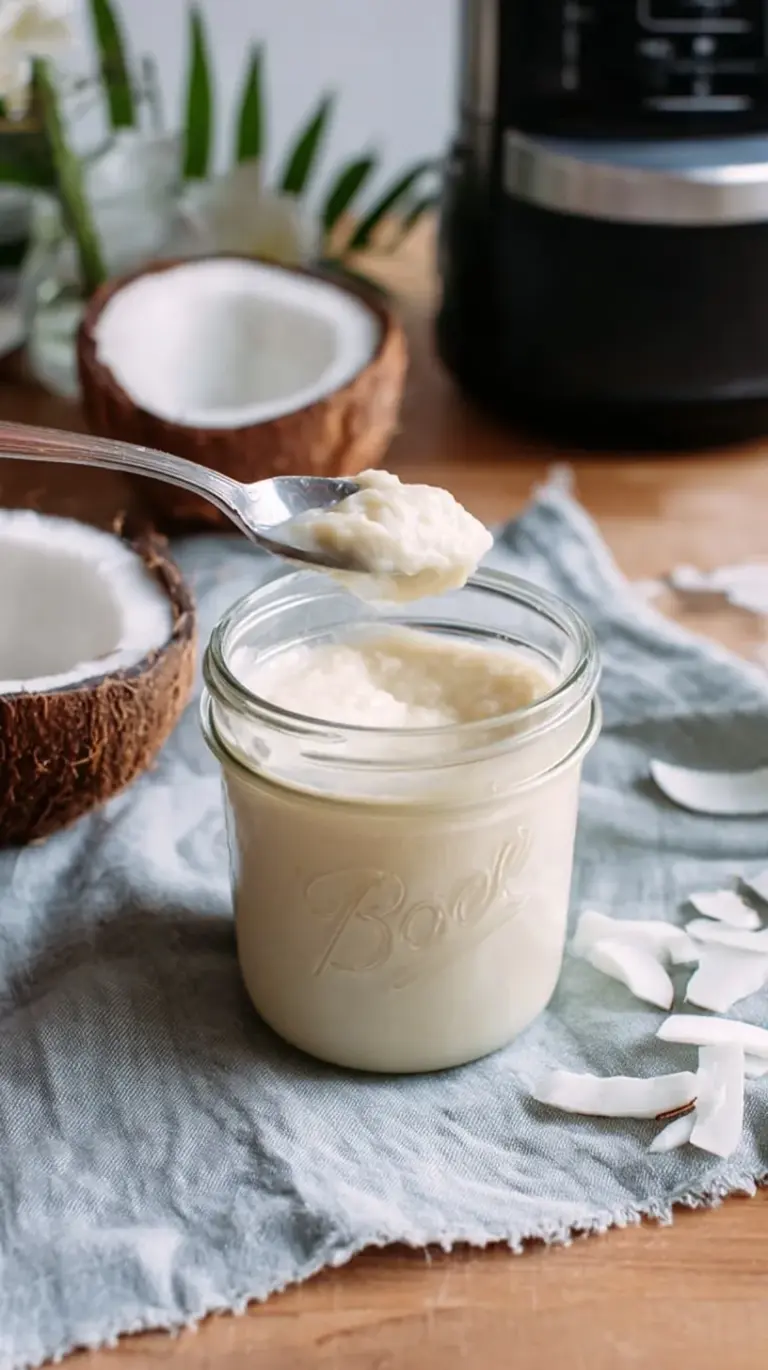 A glass jar filled with smooth, white creamy coconut butter on a wooden surface.