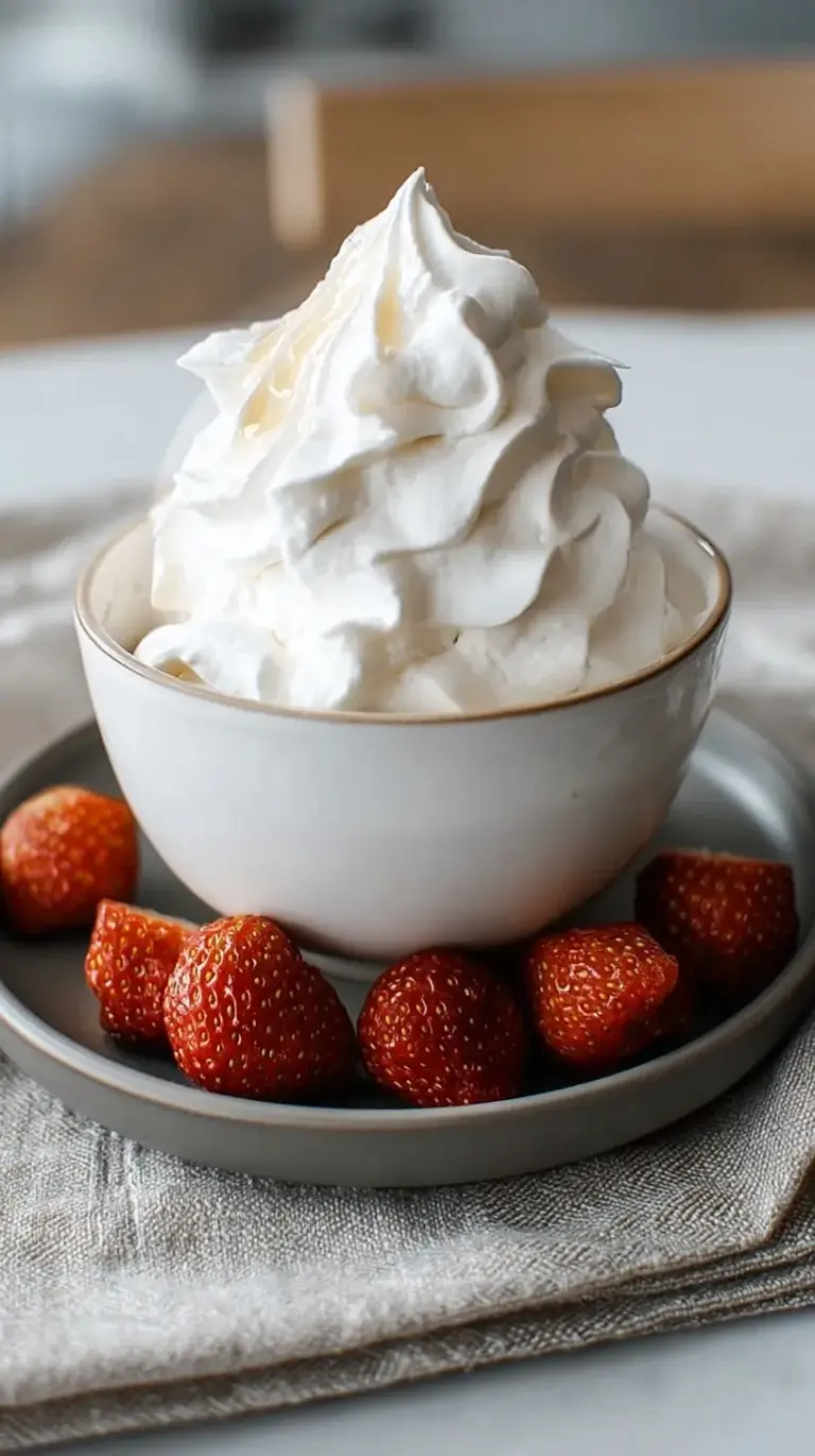 Fluffy coconut whipped cream in a bowl with fresh berries, showing how to make coconut whipped cream.
