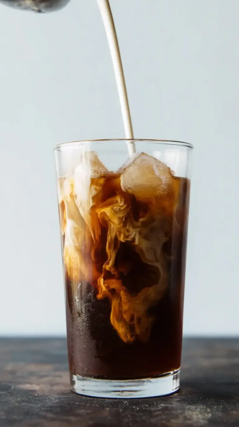 A glass bottle of dark cold brew coffee concentrate next to a glass of iced coffee with milk swirls.