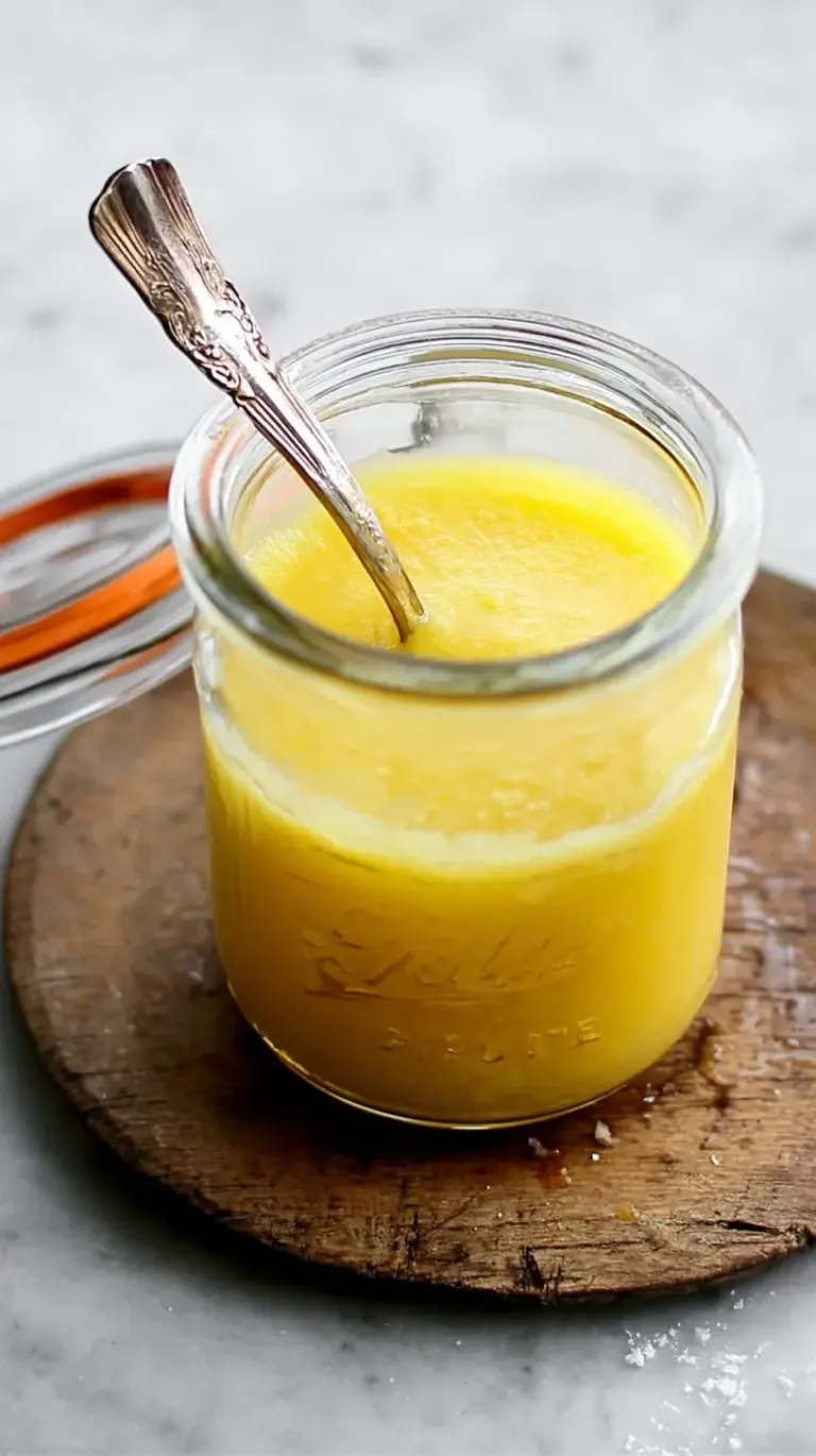 A glass jar filled with clear golden liquid ghee next to a wooden spoon.