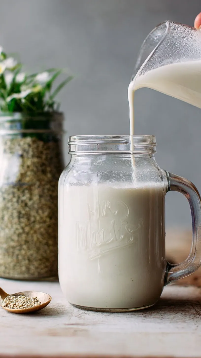 A glass carafe of fresh white hemp milk next to a small bowl of hemp hearts on a wooden surface.