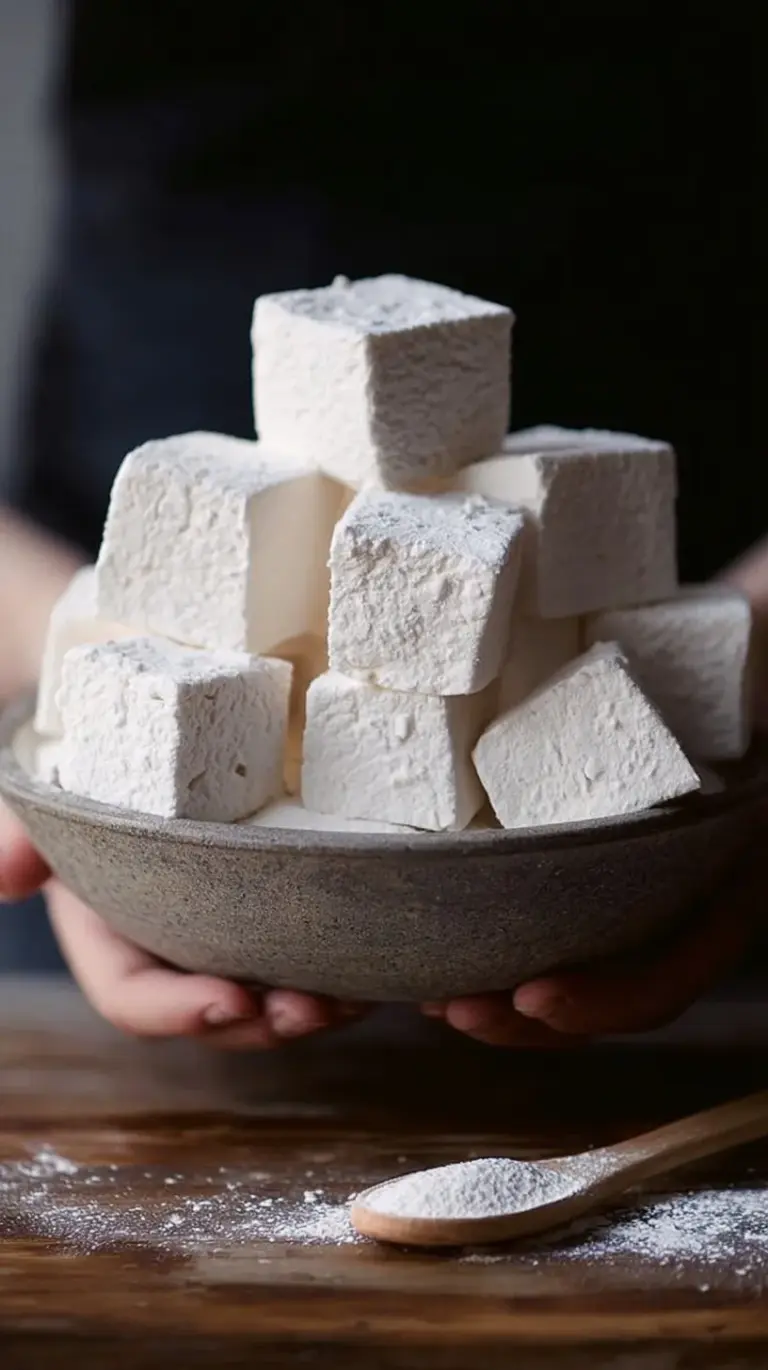 A pile of fluffy, white square marshmallows dusted with sugar on a wooden board.