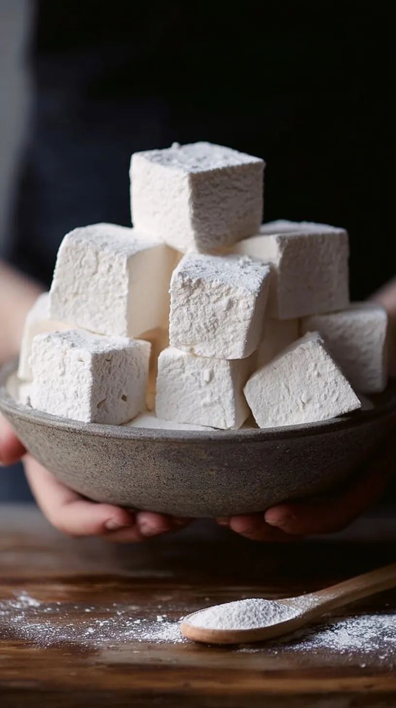 A pile of fluffy, white square marshmallows dusted with sugar on a wooden board.