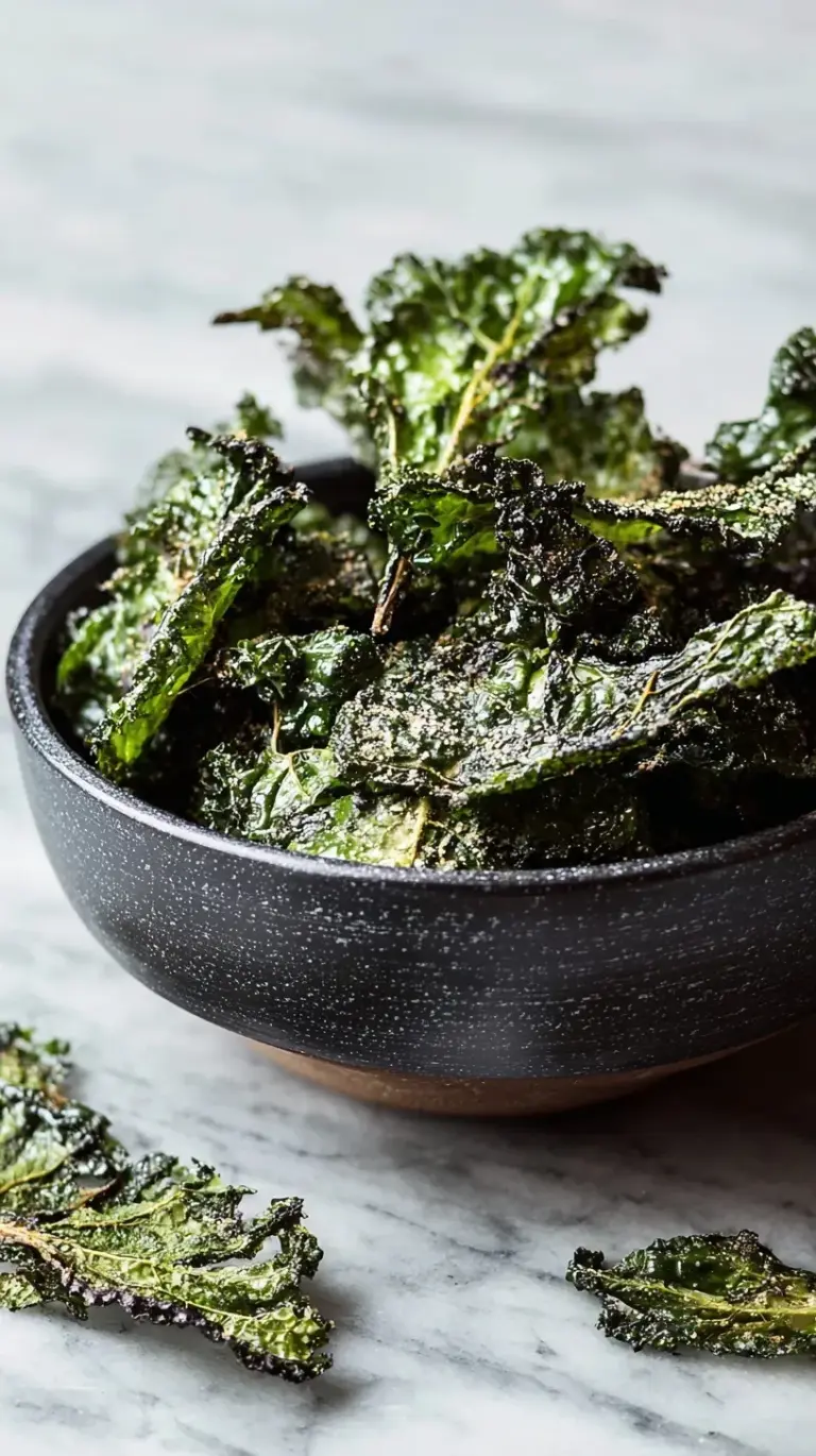 A close-up of perfectly golden and crispy homemade kale chips seasoned with sea salt, ready to be enjoyed as a healthy snack.