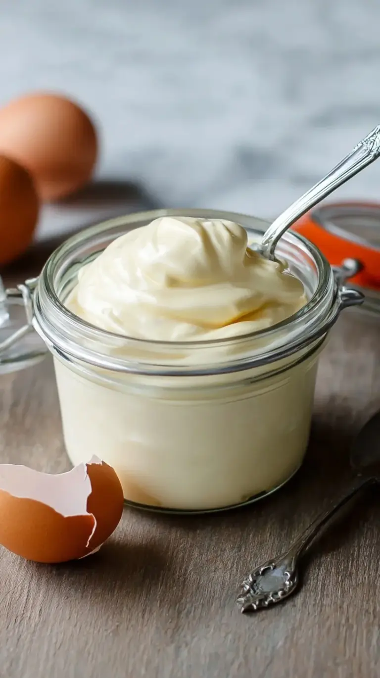 A glass jar filled with creamy, pale yellow homemade mayonnaise next to a whisk and fresh lemons.