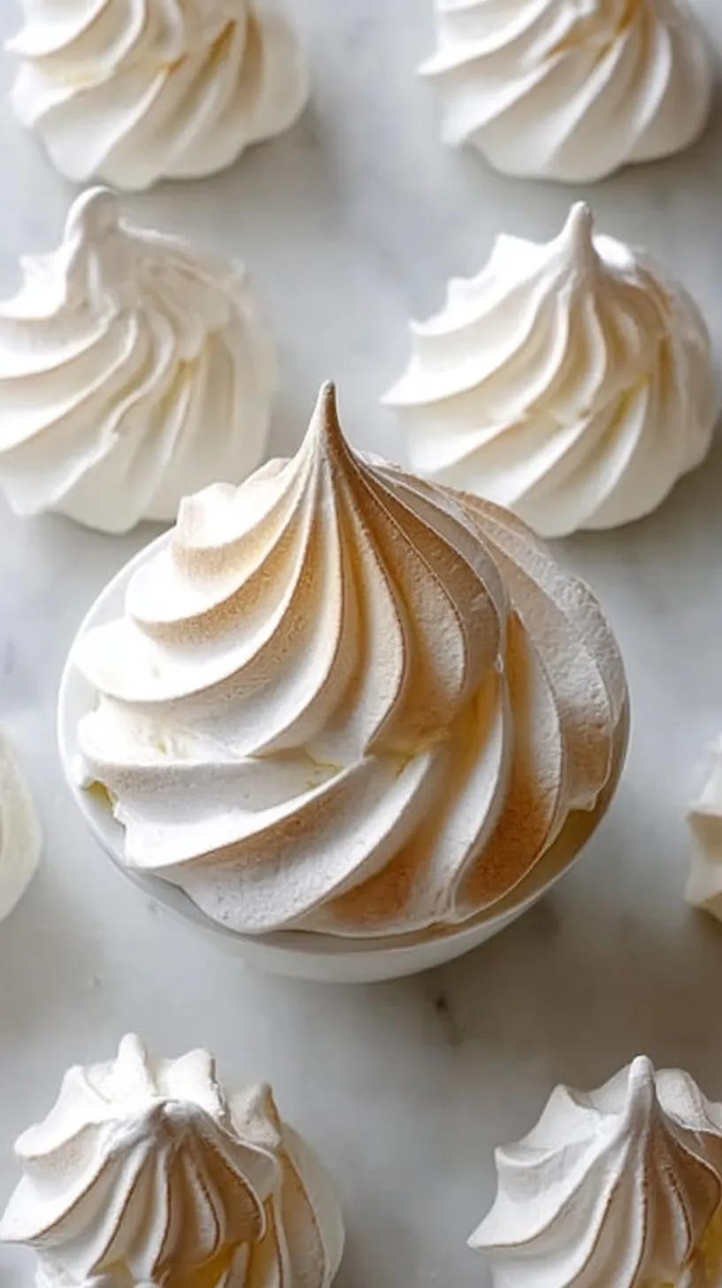 A pile of white, crisp French Meringue Cookies on a baking sheet