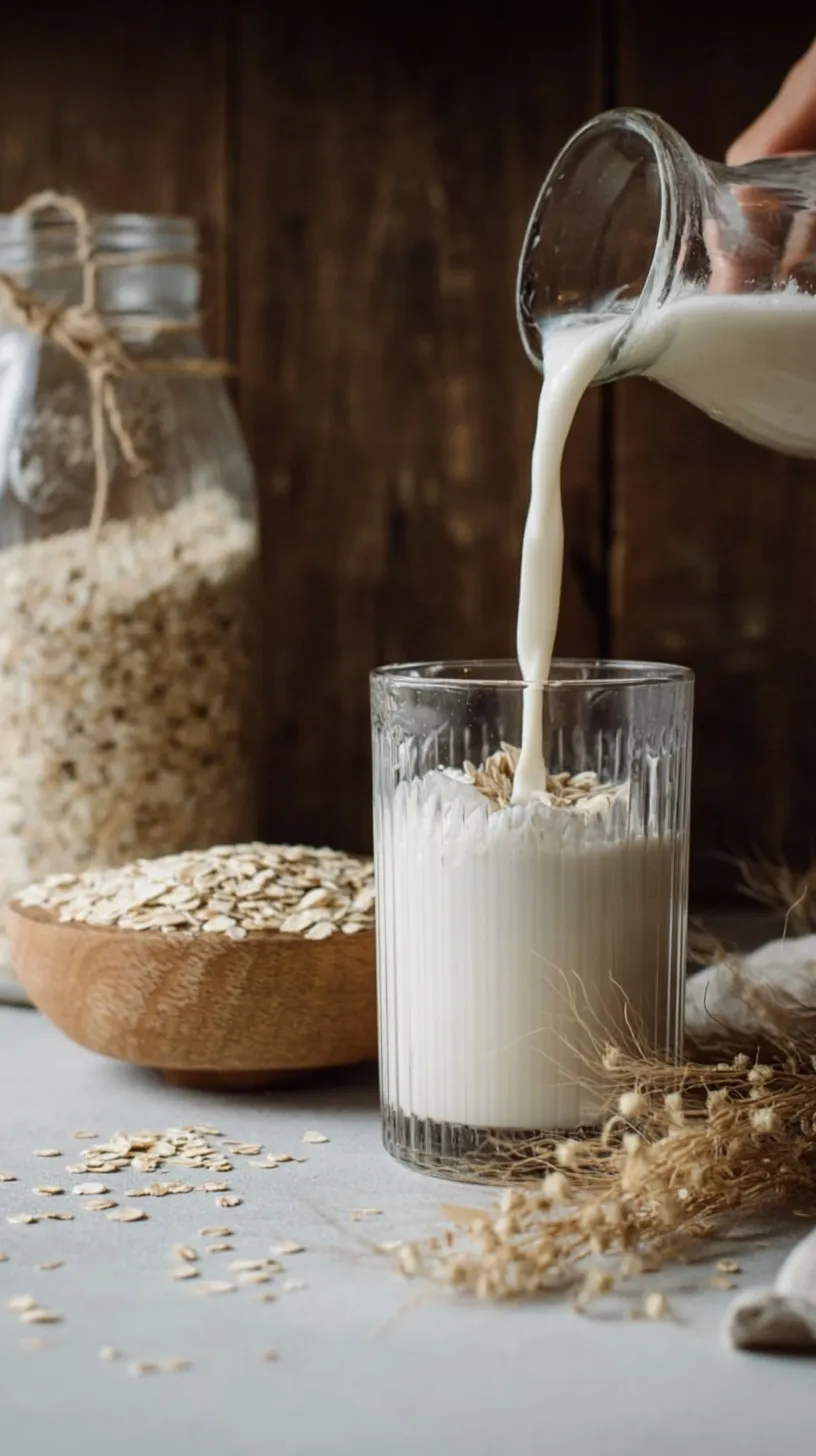 A glass bottle of fresh, creamy homemade oat milk on a modern kitchen counter with oats scattered nearby.
