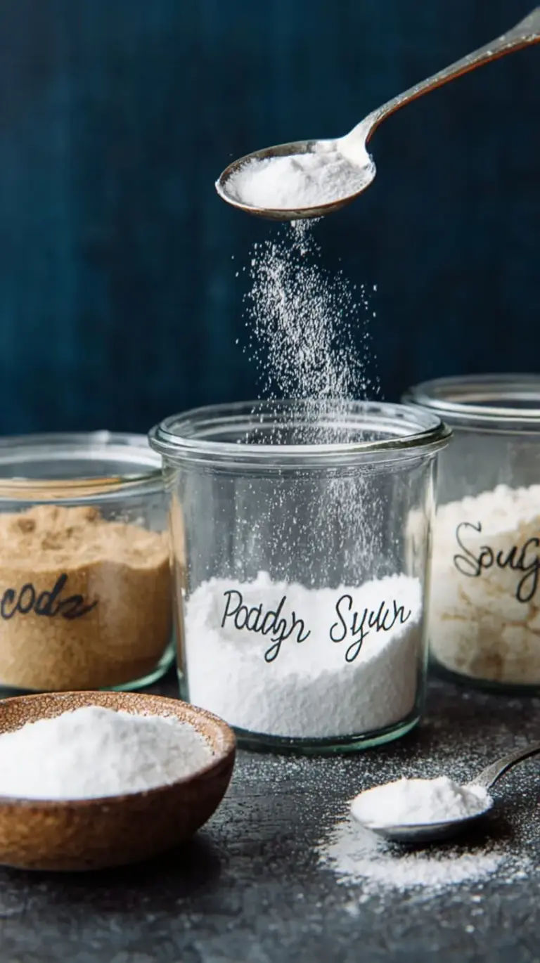 A glass jar filled with fresh, fluffy homemade powdered sugar and a sifter.