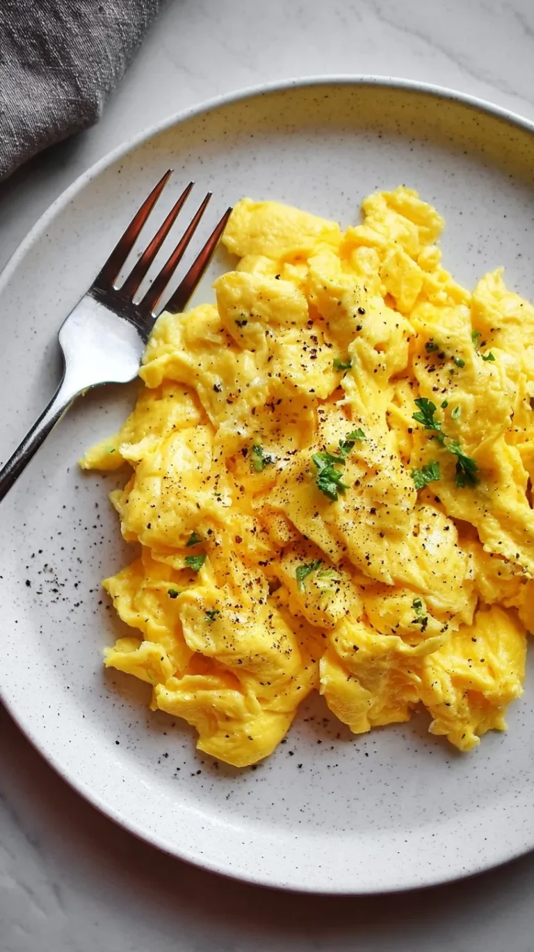 Fluffy scrambled eggs on a white plate showing how to make scrambled eggs perfectly
