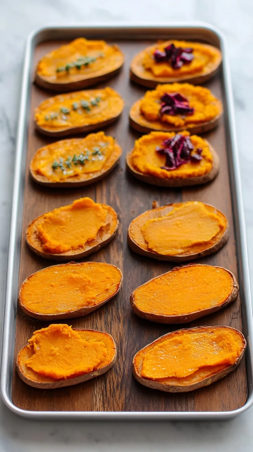 Golden roasted sweet potato toast slices topped with fresh avocado on a white plate.