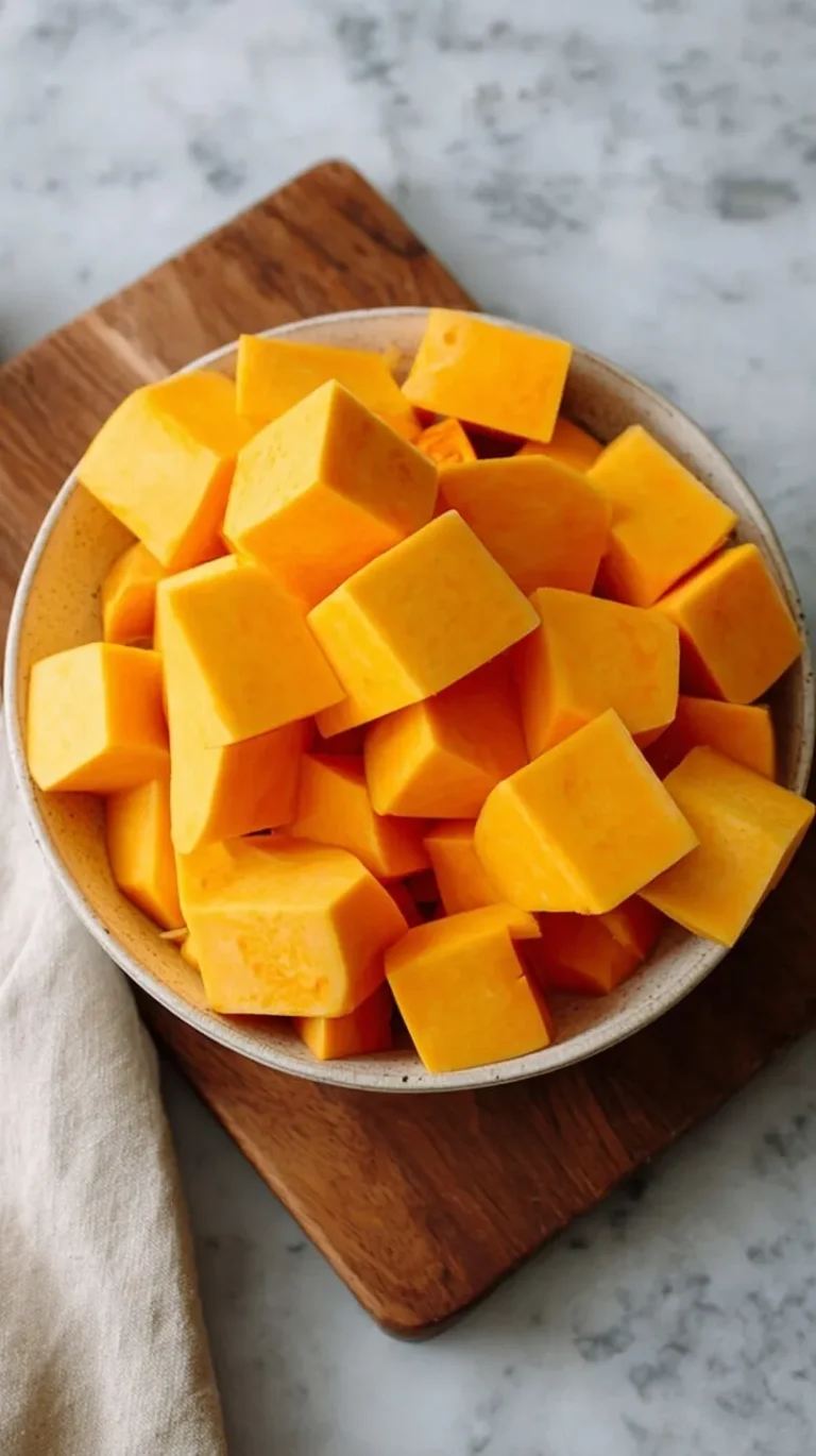 Hands demonstrating how to peel and cut butternut squash on a wooden cutting board with a sharp knife