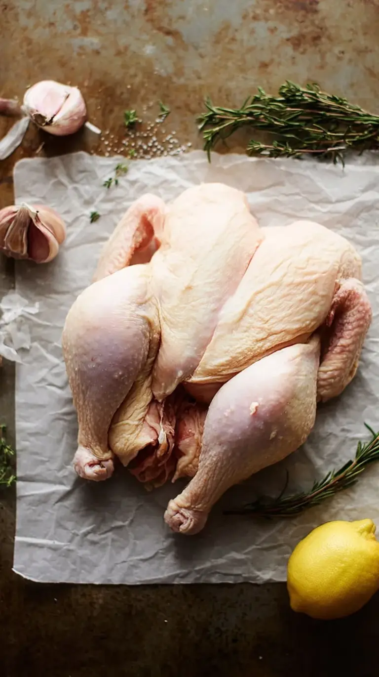A golden brown spatchcock roast chicken on a baking sheet with fresh rosemary