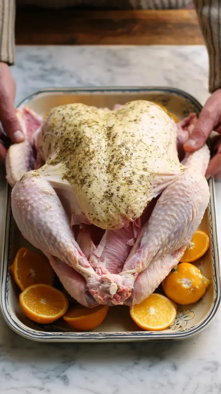A golden brown spatchcocked roast turkey resting on a bed of roasted vegetables on a baking sheet.
