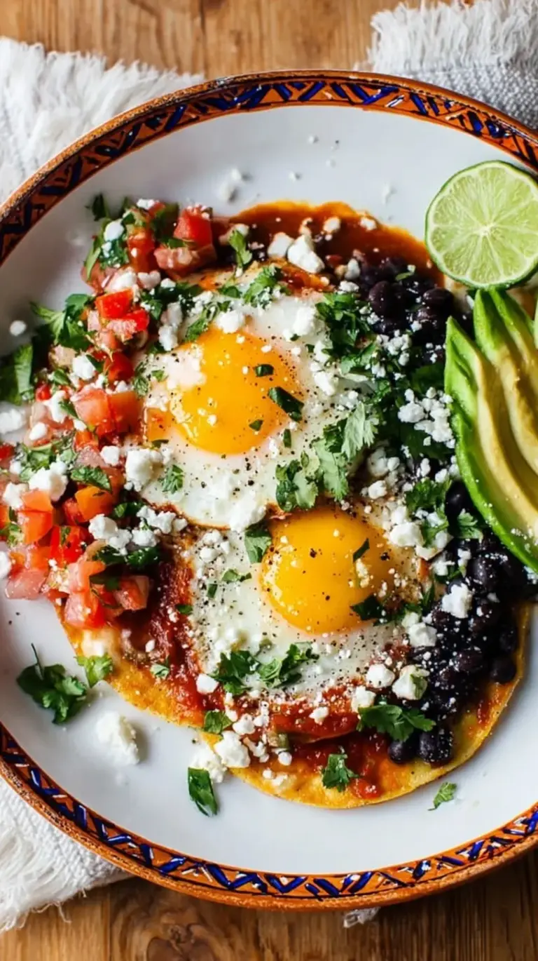 A plate of traditional huevos rancheros with fried eggs, salsa roja, and sliced avocado on corn tortillas.