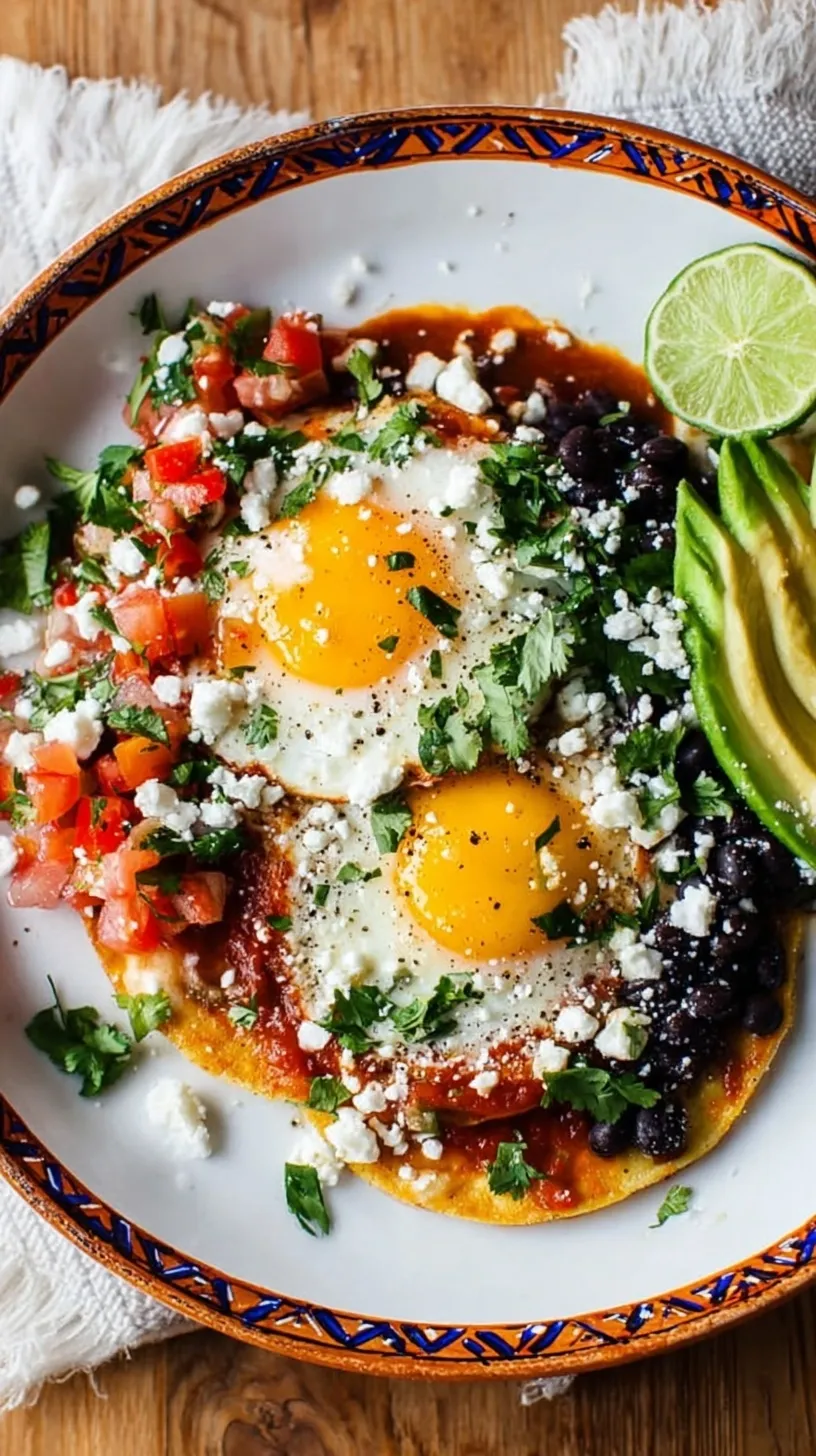 A plate of traditional huevos rancheros with fried eggs, salsa roja, and sliced avocado on corn tortillas.