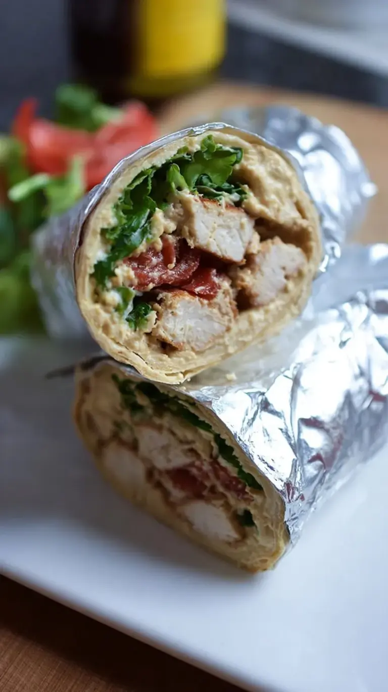 A fresh whole wheat wrap filled with sliced chicken, creamy hummus, spinach, and colorful Mediterranean vegetables.