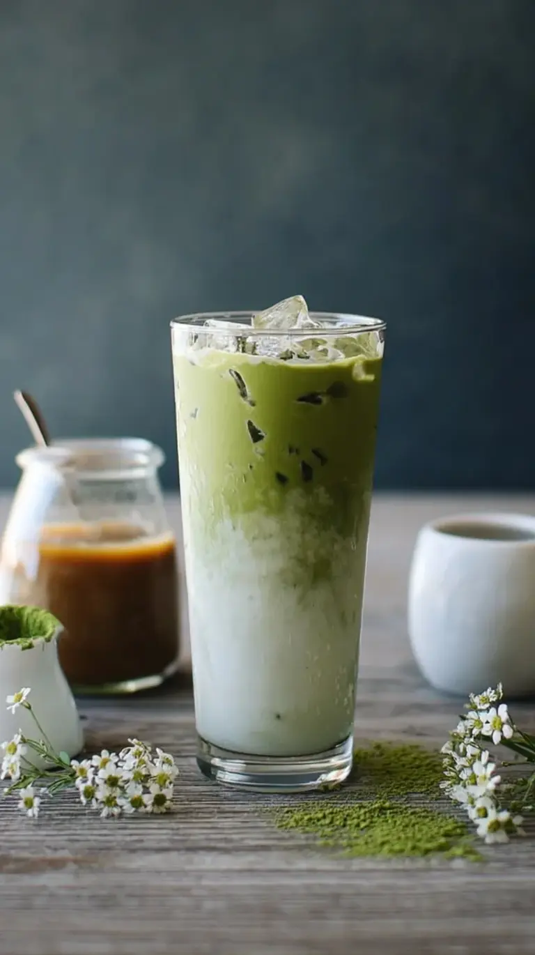 A layered iced matcha latte with green tea on top, white oat milk in the middle, and salted caramel drizzle on the glass.
