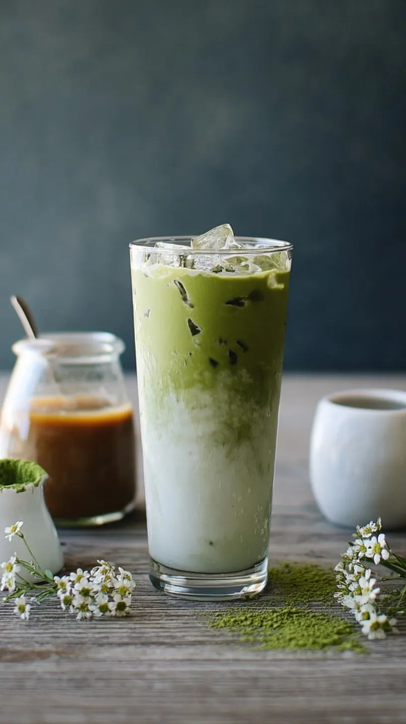 A layered iced matcha latte with green tea on top, white oat milk in the middle, and salted caramel drizzle on the glass.