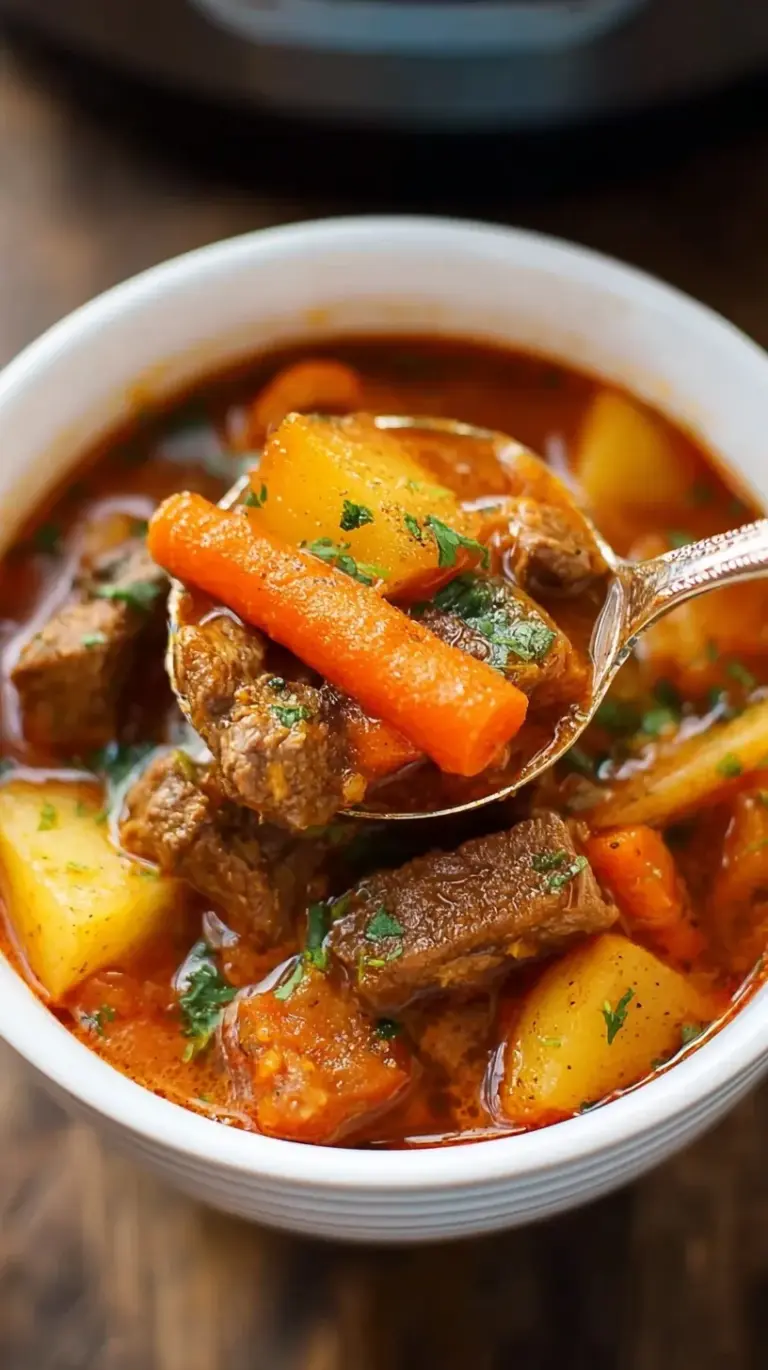 A bowl of hearty beef stew with carrots and potatoes in a dark ceramic bowl