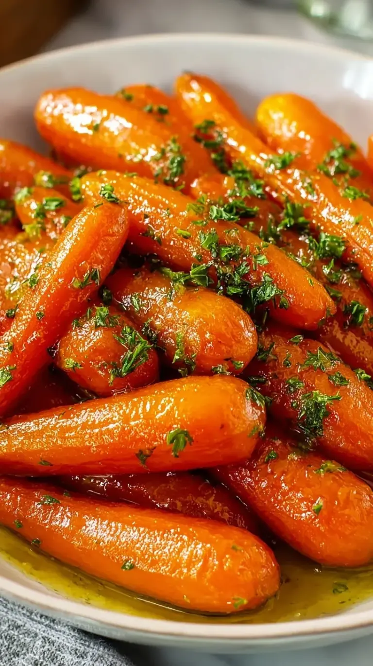 A bowl of sliced carrots with a shiny honey glaze and fresh green parsley garnish.