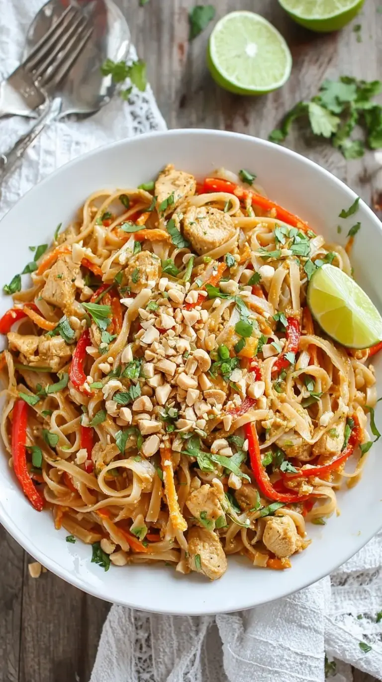 A bowl of fresh Instant Pot Pad Thai topped with peanuts, cilantro, and lime wedges