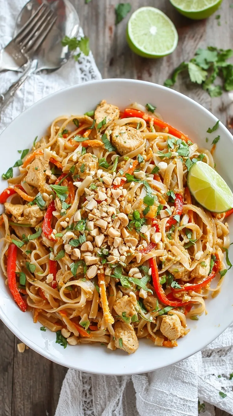 A bowl of fresh Instant Pot Pad Thai topped with peanuts, cilantro, and lime wedges