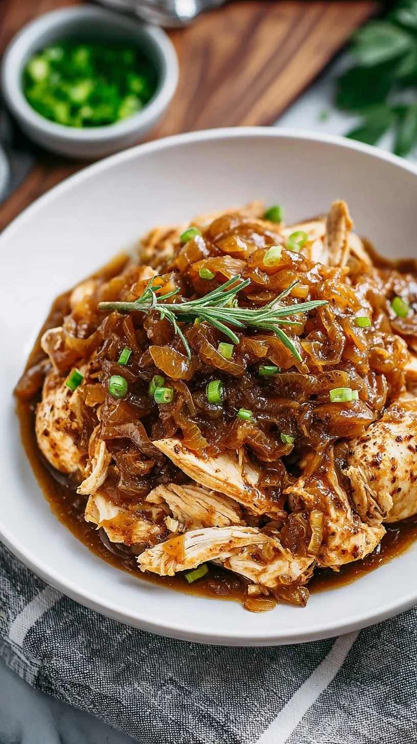 A close up of tender chicken topped with caramelized onions and melted Gruyere cheese in a savory gravy.