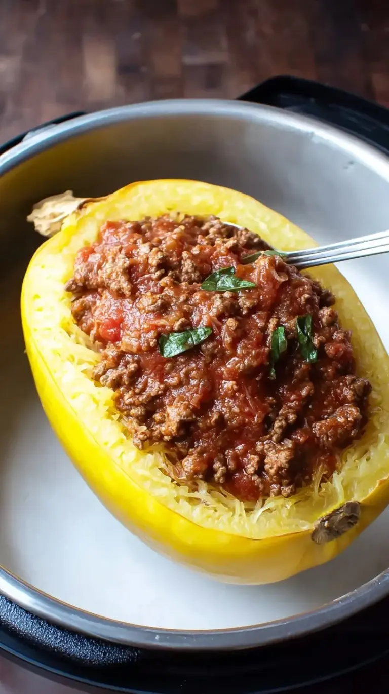 A bowl of tender spaghetti squash strands topped with thick, savory meat sauce and fresh herbs.