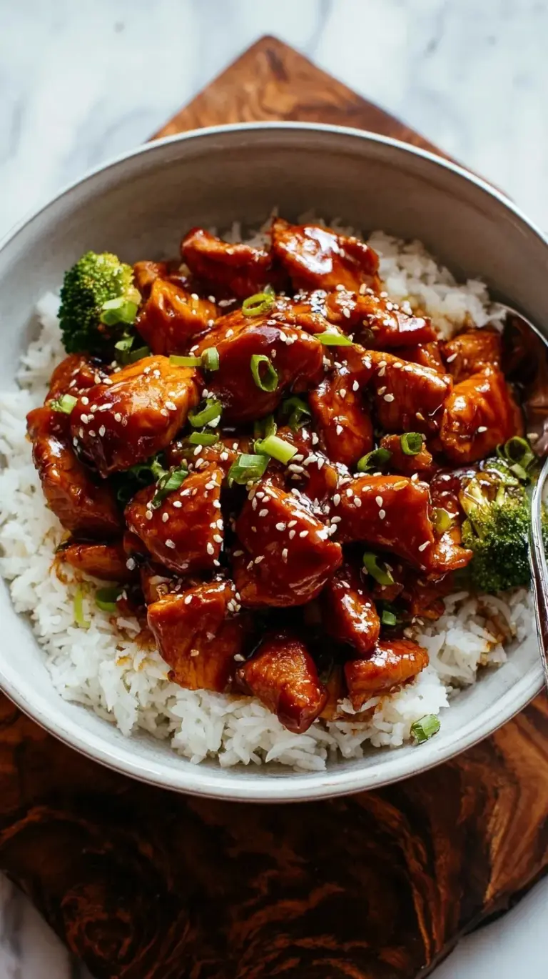 Tender chunks of chicken coated in a glossy teriyaki sauce with green onions and sesame seeds