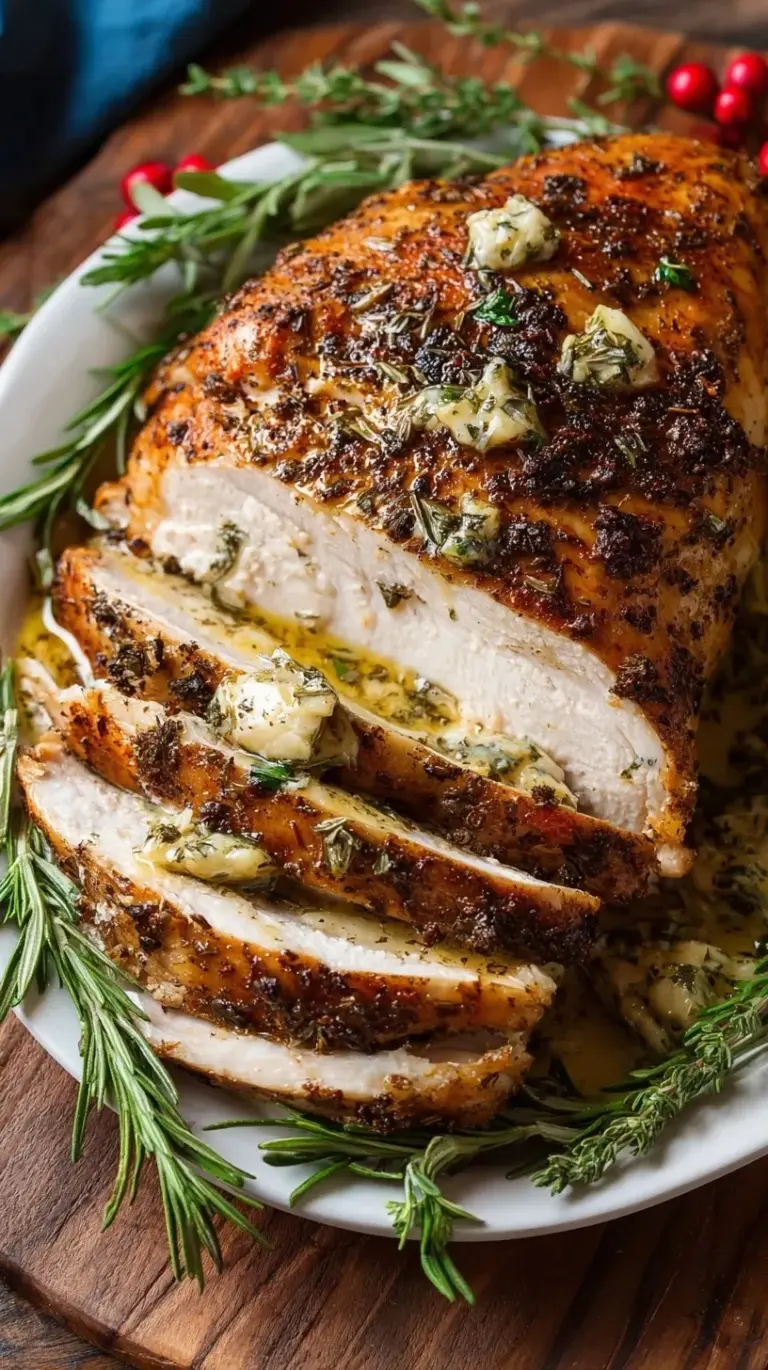 A tender Instant Pot Turkey Breast sliced on a platter with fresh herbs and roasted aromatics.