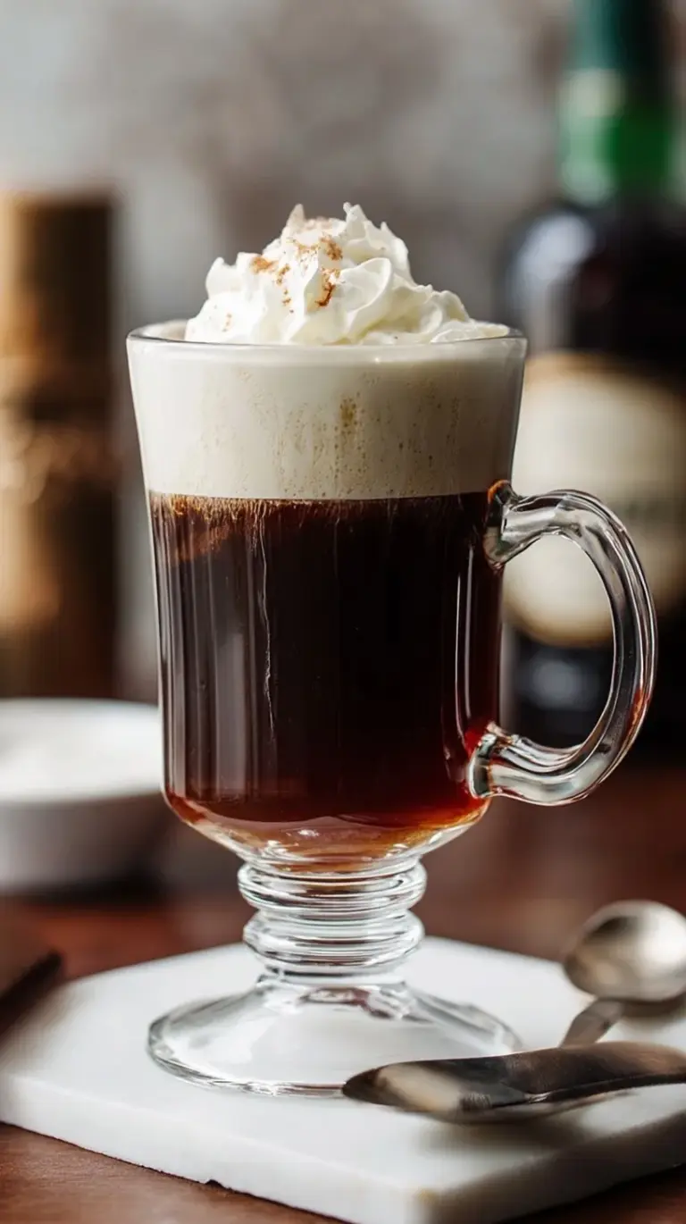 A classic Irish coffee in a stemmed glass with a thick layer of whipped cream on top